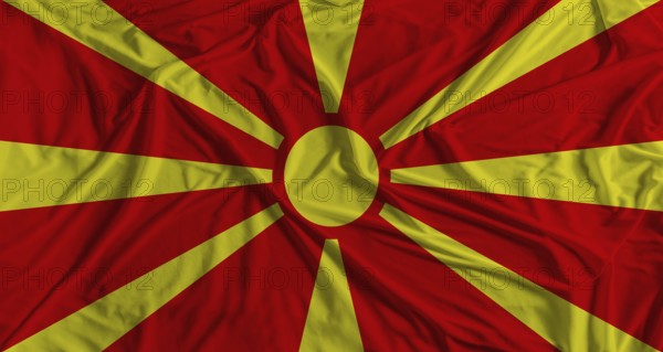 Macedonian flag with fabric texture background. National flag of North Macedonia with cloth texture