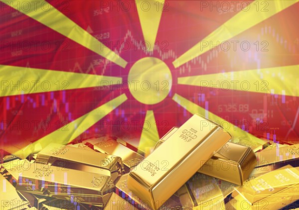 Gold bars on North Macedonia flag in background. Gold bars stacked on Macedonian flag. Concept of North Macedonia gold reserves