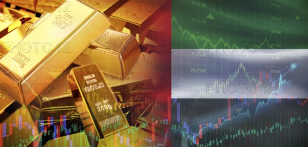 Gold bars stacked on Emirati flag. United Arab Emirates gold reserves, Concept