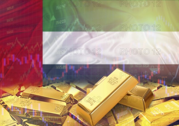 Gold bars on United Arab Emirates flag in background. Gold bars stacked on Emirati flag. Concept of United Arab Emirates gold reserves