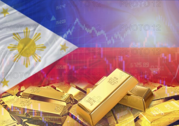 Gold bars on Philippines flag in background. Gold bars stacked on Filipino flag. Concept of Philippines gold reserves