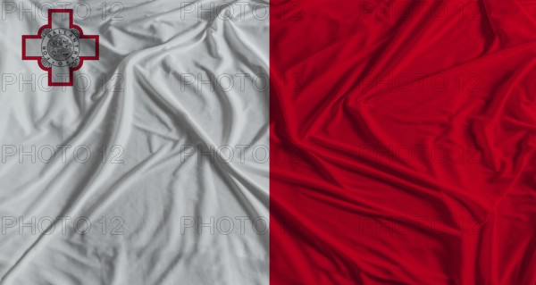 Maltese flag with fabric texture background. National flag of Malta with cloth texture