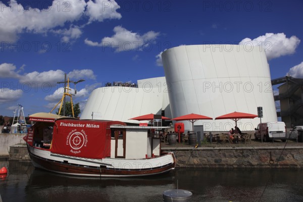 Restaurant, Fishing Trawler Milan, Ozeaneum, Seemuseum Stralsund, Museum of Oceanography and Fisheries, Aquarium and German Maritime Museum, Stralsund, Vorpommern-Rügen district, Mecklenburg-Western Pomerania, Germany