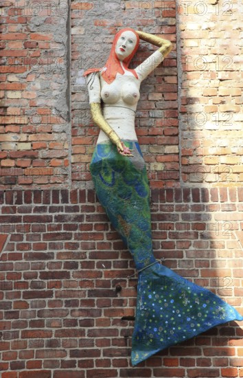 Mermaid from papier-mâchee, Stralsund, Vorpommern-Rügen district, Mecklenburg-Western Pomerania, Germany (permanent work of art by the Kabruusch company in public space)