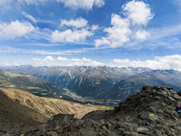 Scenic view from Gaislachkogel over the Ötztal Alps and down into the Ötztal near Sölden, Tyrol, Austria
