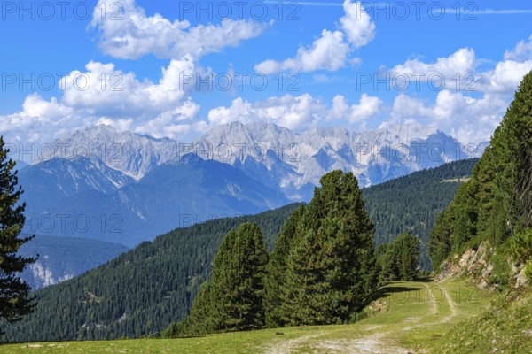 View from an alpine pasture near the Acherkogel in the Stubai Alps in Hochoetz, Ötz, Ötztal, Tyrol, Austria, of the picturesque surroundings of the Tyrolean Alps