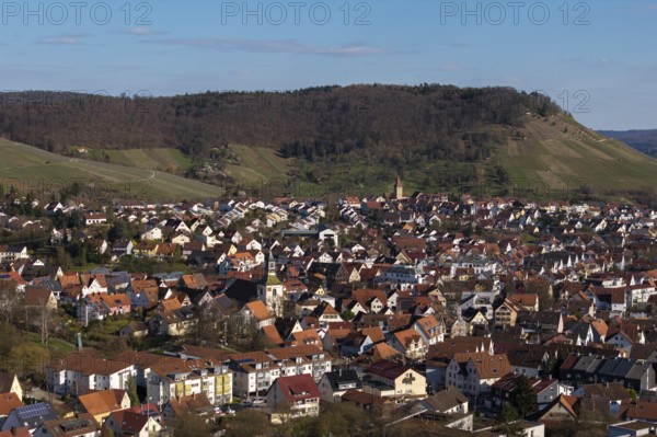 Urban view with hills in the background, red roofs dominate the urban landscape, Korb im Rems Valley, Baden-Württemberg, Germany