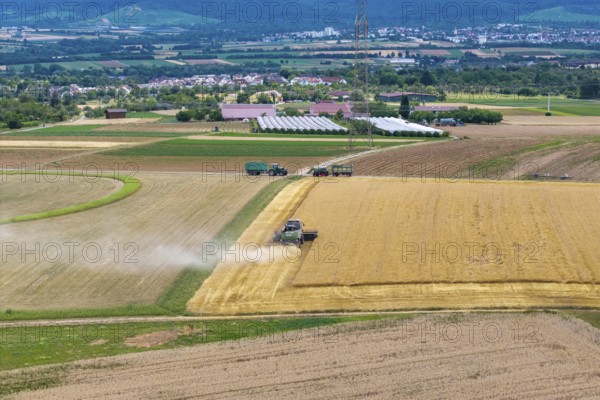 Tractors and combine harvesters harvesting in extensive fields, sunny summer landscape in the background, basket in the Rems Valley, Baden-Württemberg, Germany