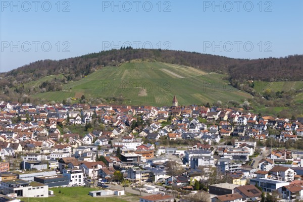 Urban location with modern and traditional architecture, hills in the background under clear skies, Korb im Remstal, Baden-Württemberg, Germany