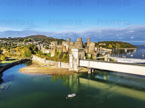 Conwy Castle over River Convy from a drone, Convy, North Wales, England, United Kingdom