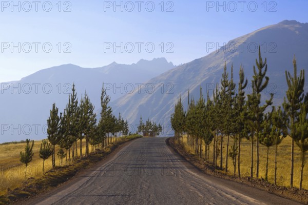 Sacred Valley Valle Sagrado scenic Andes mountains at sunset in Cusco, Peru