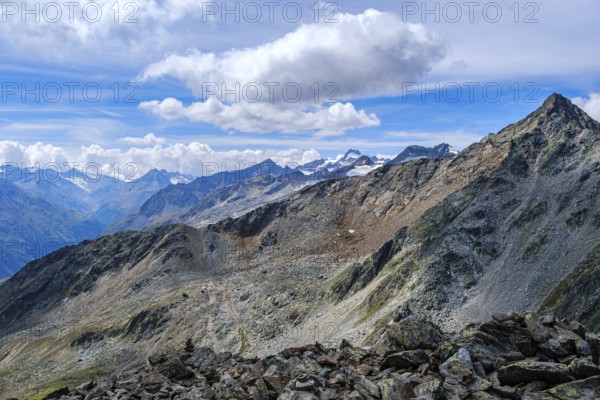 Scenic view from Gaislachkogel over the Ötztal Alps and down into the Ötztal near Sölden, Tyrol, Austria