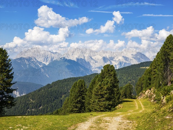 View from an alpine pasture near the Acherkogel in the Stubai Alps in Hochoetz, Ötz, Ötztal, Tyrol, Austria, of the picturesque surroundings of the Tyrolean Alps