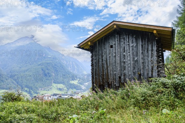 Rustic wooden hut in agricultural area above Sölden, Ötztal, Tyrol, Austria, digitally refinished