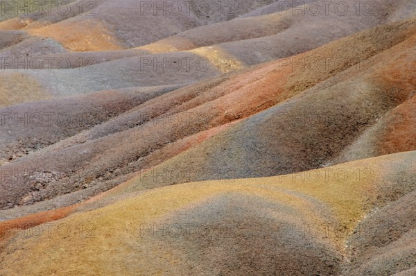 Part detail of hill with rare coloured seven-coloured earths from Chamarel, Terres des Couleurs, Chamarel Natural Park, Chamarel, Mauritius
