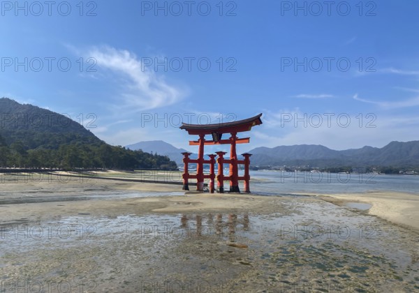 Japan, Miyajima, or Itsukushima, a semirural island with an iconic floating shrine with a giant red torii gate