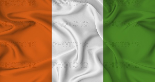 Realistic Ivory Coast flag waving. Close up of flag of Ivory Coast with cloth texture