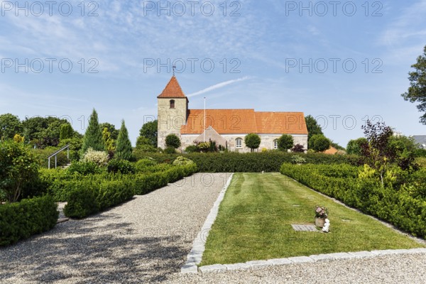 Vebbestrup Kirke, rural church, Romanesque village church, red tile roof, stone tower, cemetery, Mariagerfjord, Nordjylland, Jutland, Denmark