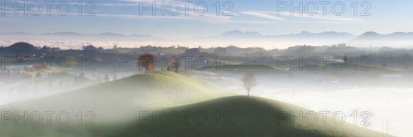 Panorama of a misty hilly landscape near Hirzel at sunrise, Canton of Zug, Switzerland