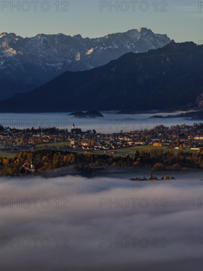 City, church, mountains, sunny, morning light, autumn, autumn color, fog, aerial view, Murnau, behind Zugspitze, Upper Bavaria, Bavaria, Germany