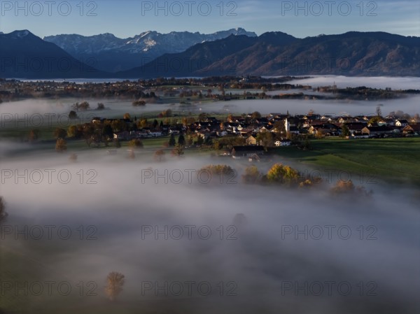 Village, mountains, sunny, morning light, autumn color, fog, aerial view, Hofheim, view of Zugspitze, foothills of the Alps, Upper Bavaria, Bavaria, Germany
