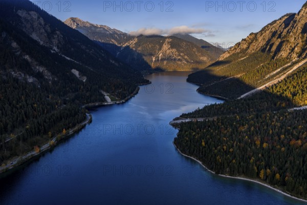 Mountain lake, mountains, autumn color, aerial view, evening light, Plansee, Tyrol, Austria