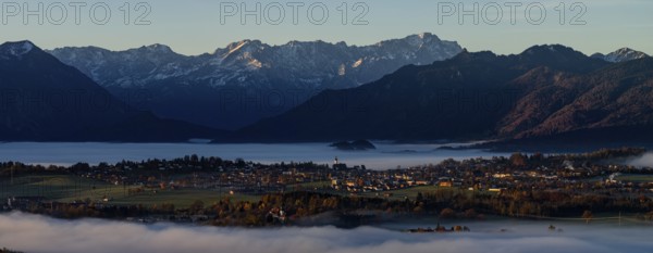 City, church, mountains, sunny, morning light, autumn, autumn color, fog, aerial view, panorama, Murnau, behind Zugspitze, Upper Bavaria, Bavaria, Germany