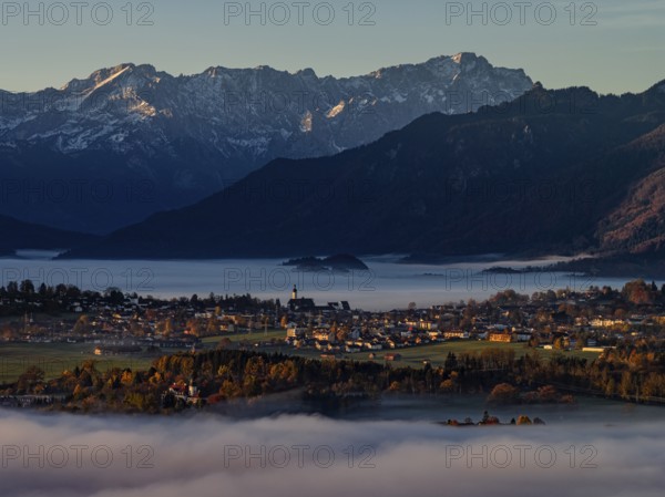 City, church, mountains, sunny, morning light, autumn, autumn color, fog, aerial view, Murnau, behind Zugspitze, Upper Bavaria, Bavaria, Germany