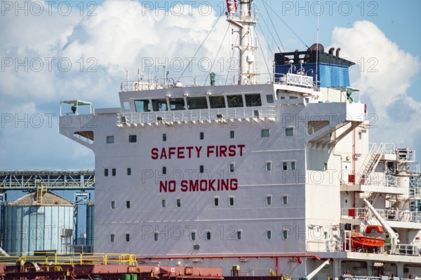 Ship marked Safety First No Smoking, Vancouver Harbor, Vancouver, Canada