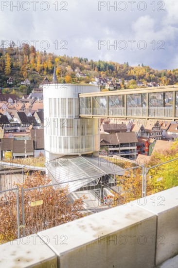 Autumn cityscape with a modern building and hill in the background, ZOB Calw, Hermann Hessebahn, Calw, Germany