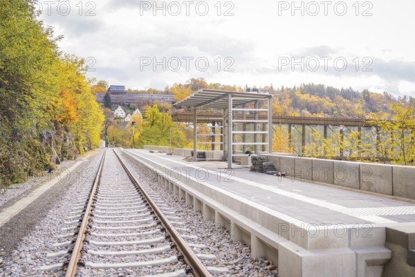 Modern train station in autumn, surrounded by colorful trees, empty tracks, ZOB Calw, Hermann Hessebahn, Calw, Germany