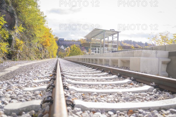 Railway system in autumn with a view of the platform and the surrounding area, ZOB Calw, Hermann Hessebahn, Calw, Germany