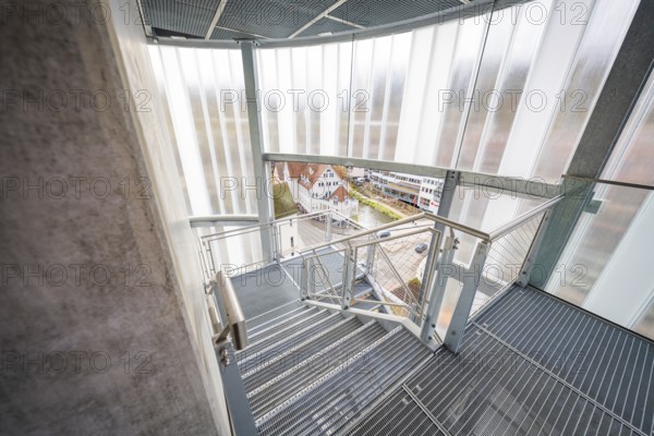 Staircase inside a building with a view of the city and roof landscape, ZOB Calw, Hermann Hessebahn, Calw, Germany