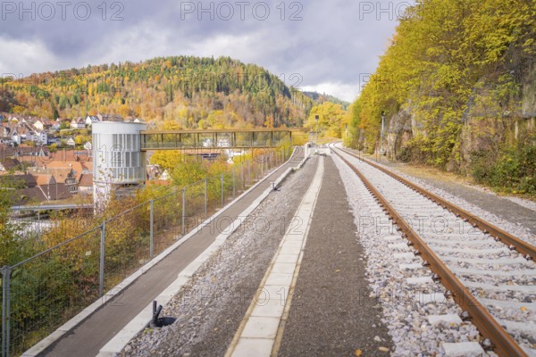 Railway tracks in autumn landscape with views of wooded hills and a city, ZOB Calw, Hermann Hessebahn, Calw, Germany