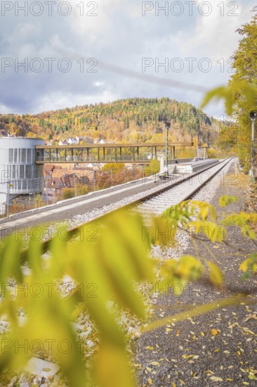 Railway line along autumnal mountain landscape with modern architecture, ZOB Calw, Hermann Hessebahn, Calw, Germany