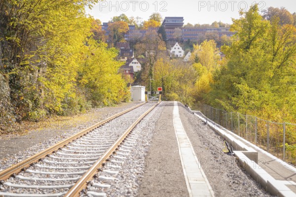 Railway track leads through autumn landscape with buildings in the background, ZOB Calw, Hermann Hessebahn, Calw, Germany