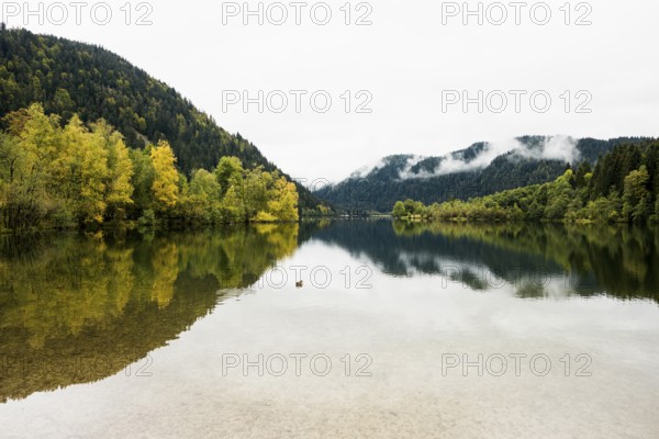 Picturesque mountain lake in autumn, Lac de Longemer, Xonrupt-Longemer, Vosges, Alsace-Lorraine, Department of Vosges Haut-Rhin, France