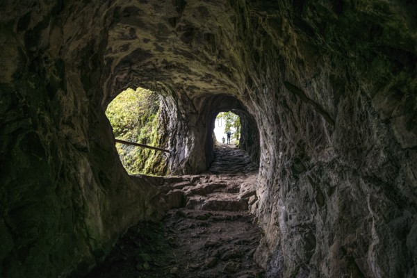 Hiking trail and cave, Château de Wildenstein, Kruth, Vosges, Alsace-Lorraine, Vosges Haut-Rhin Department, France