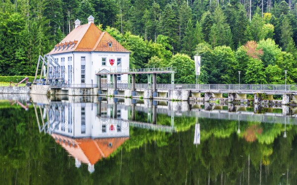 Power plant at lake Höllsteinsee, river Black Regen, region Regen, National Park Bavarian Forest, Bavaria, Germany