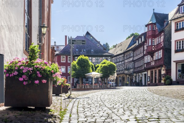 Marketplace, old half-timbered houses, historical city of Miltenberg, Lower Franconia districtt, Germany