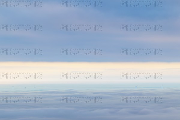 Inversion weather, fog, sunrise, autumn, view from Breitenstein of wind edges sticking out of the fog, Ochsenwang, Swabian Jura, Baden-Württemberg, Germany