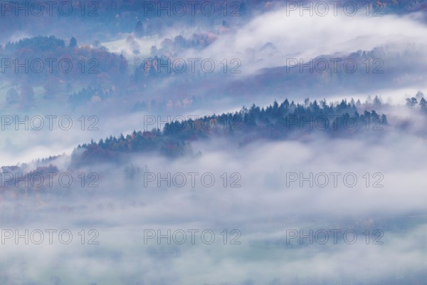 Inversion weather, fog, dawn, autumn, view from Breitenstein in Mischwald, Ochsenwang, Swabian Jura, Baden-Württemberg, Germany