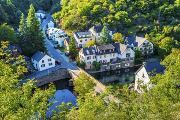 Esch-Sur-Sure, aerial view, old historical city, hilly mountains of the Ardennes, Kanton Wiltz, Grand Duchy of Luxembourg