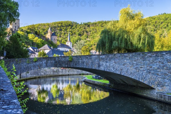 Castle and old bridge, Esch-Sur-Sure, old historical city, hilly mountains of the Ardennes, Kanton Wiltz, Grand Duchy of Luxembourg