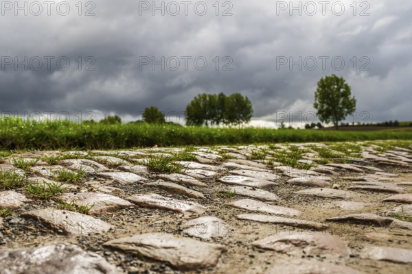 Pave, Mons-en-Pevele, Cobblestones at the cycling classic Paris to Roubaix, Departement North, France