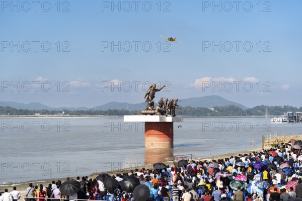 The Indian Air Force aerobatic team performs during an air show as part of the 93rd Air Force Day celebrations on November 8, 2025 in Guwahati, India