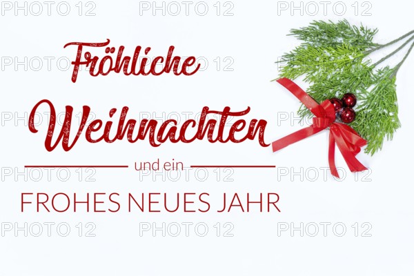 Christmas greetings: Greeting card with the inscription MERRY CHRISTMAS AND A HAPPY NEW YEAR against a light background next to pine branches (digitally reworked)