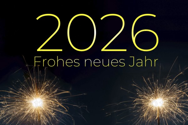 New Year's Eve greetings 2026: greeting card with sparklers against a dark blue background and the lettering HAPPY NEW YEAR 2026