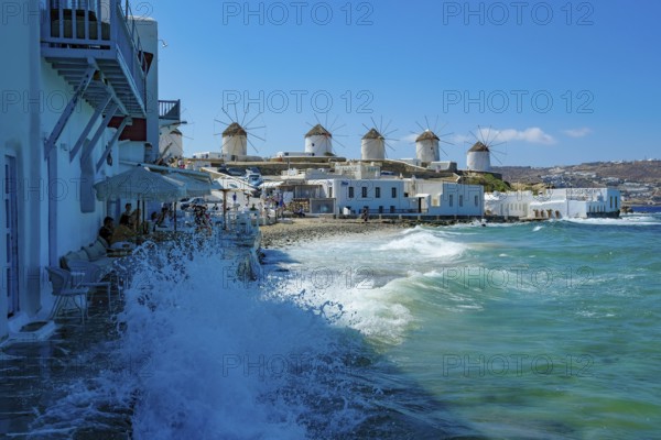 Mykonos, Cyclades, Greece - The six sixteenth-century windmills, lined up on a hill above Mykonos Town, Mykonos Chora, are the island's landmark. Mykonos is part of the Cyclades archipelago in the Aegean Sea