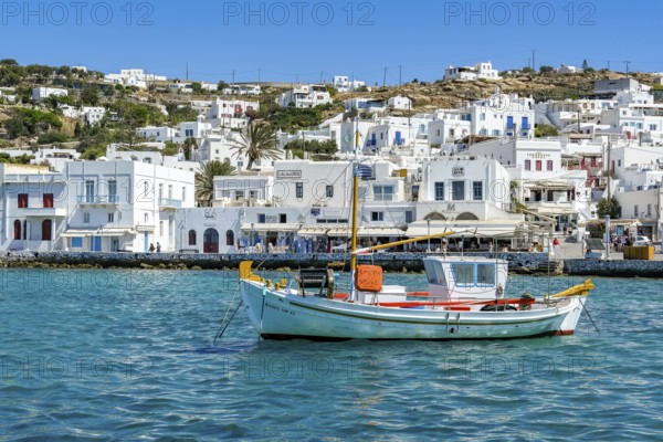 Mykonos, Cyclades, Greece - fishing boats are moored in the old port of Mykonos Town, Mykonos Chora. Mykonos is part of the Cyclades archipelago